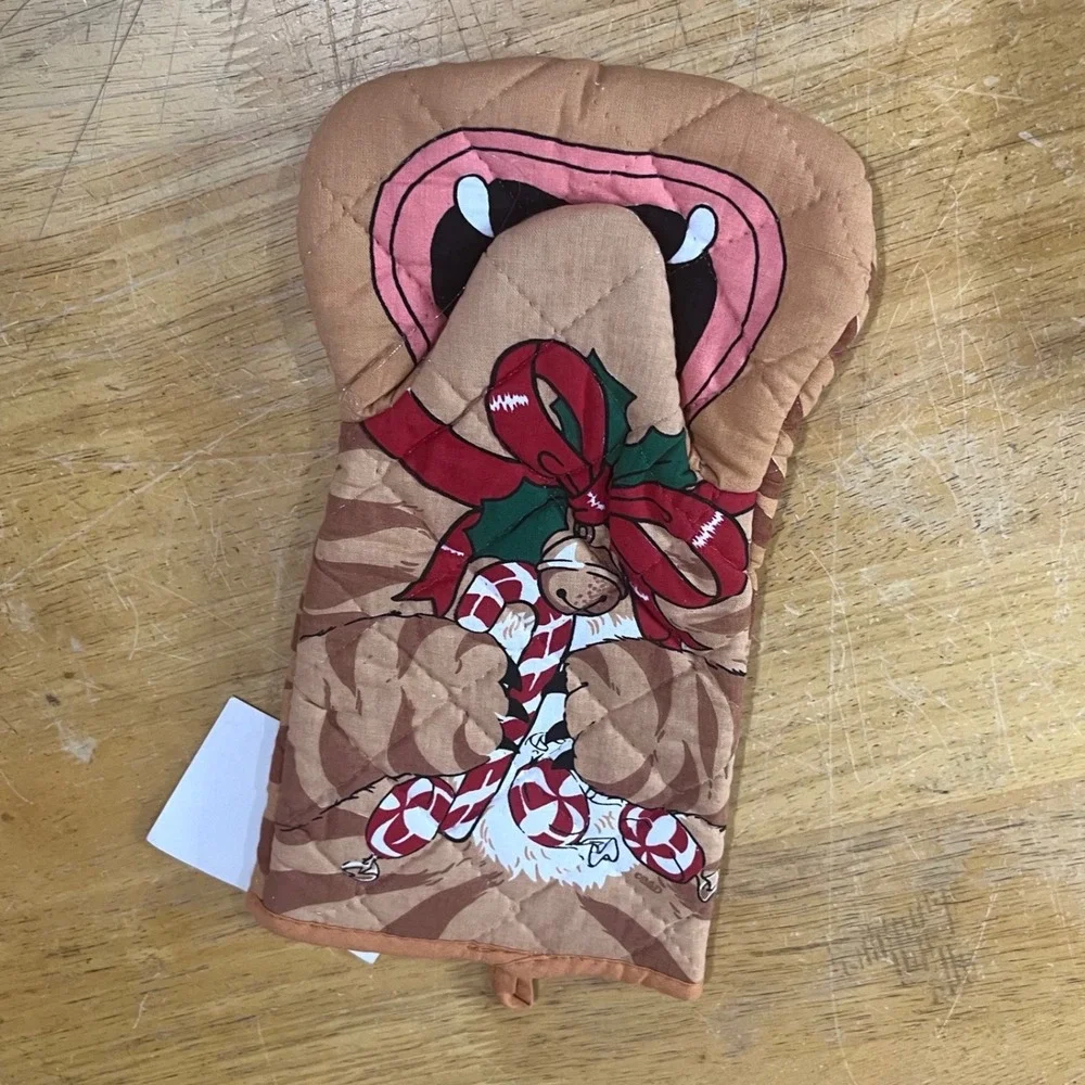 Vtg Merry Mint Christmas Orange Tabby Cat Oven Mitt Holiday Trimmings NWT Kitsch